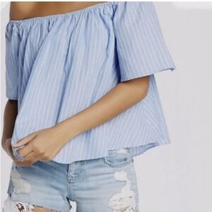 Express - Off The Shoulder Blue/White Pinstripe Flowy Shirt, Size Medium